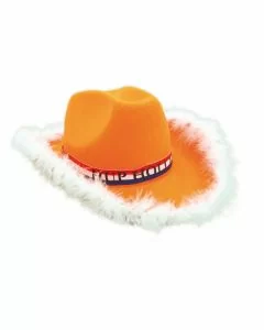 Cowboyhoed orange met witte veren